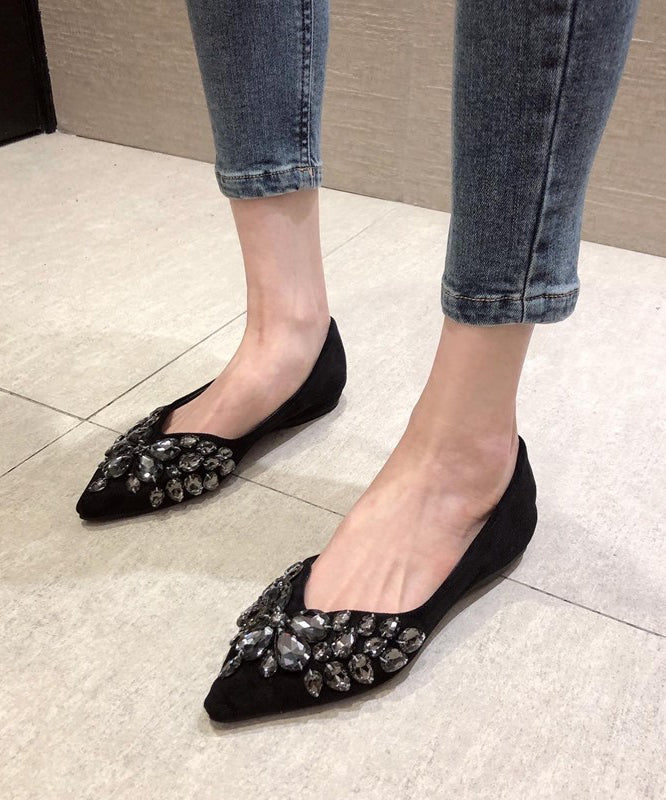 Black Flat Shoes  Splicing Zircon Pointed Toe