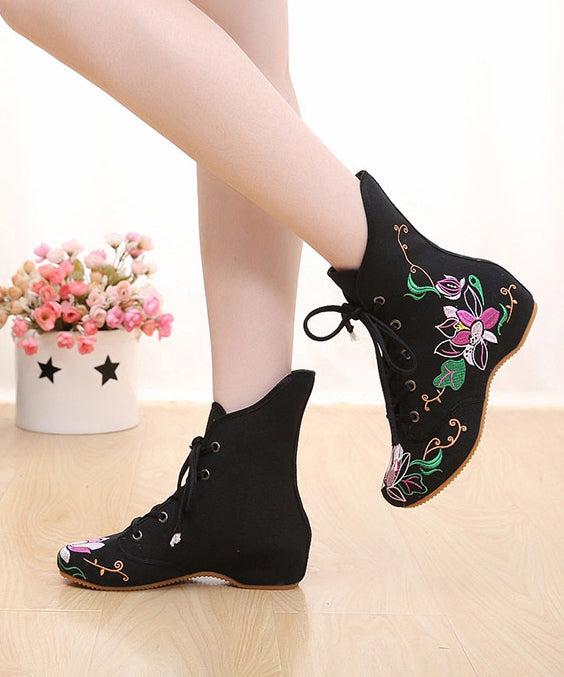 Cross Strap Embroideried Ankle boots Black Cotton Fabric