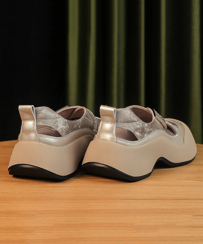 Splicing Platform Sandals Khaki Faux Leather Hollow Out