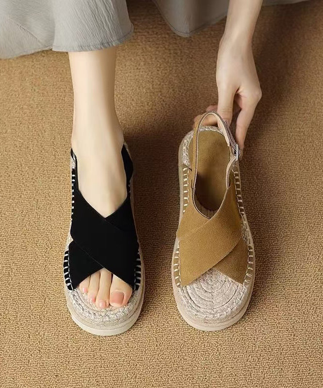 Handmade Platform Black Cowhide Leather Cross Strap Slide Sandals