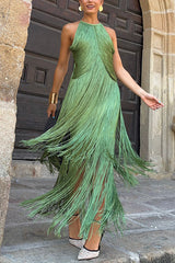 Sleeveless Halter Neck Elegant Tassel Slim Maxi Dress