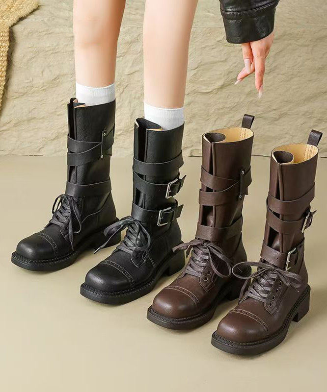 Handmade Splicing Chunky Boots Brown Faux Leather