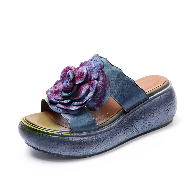 Vintage Leather Floral Platform Slippers