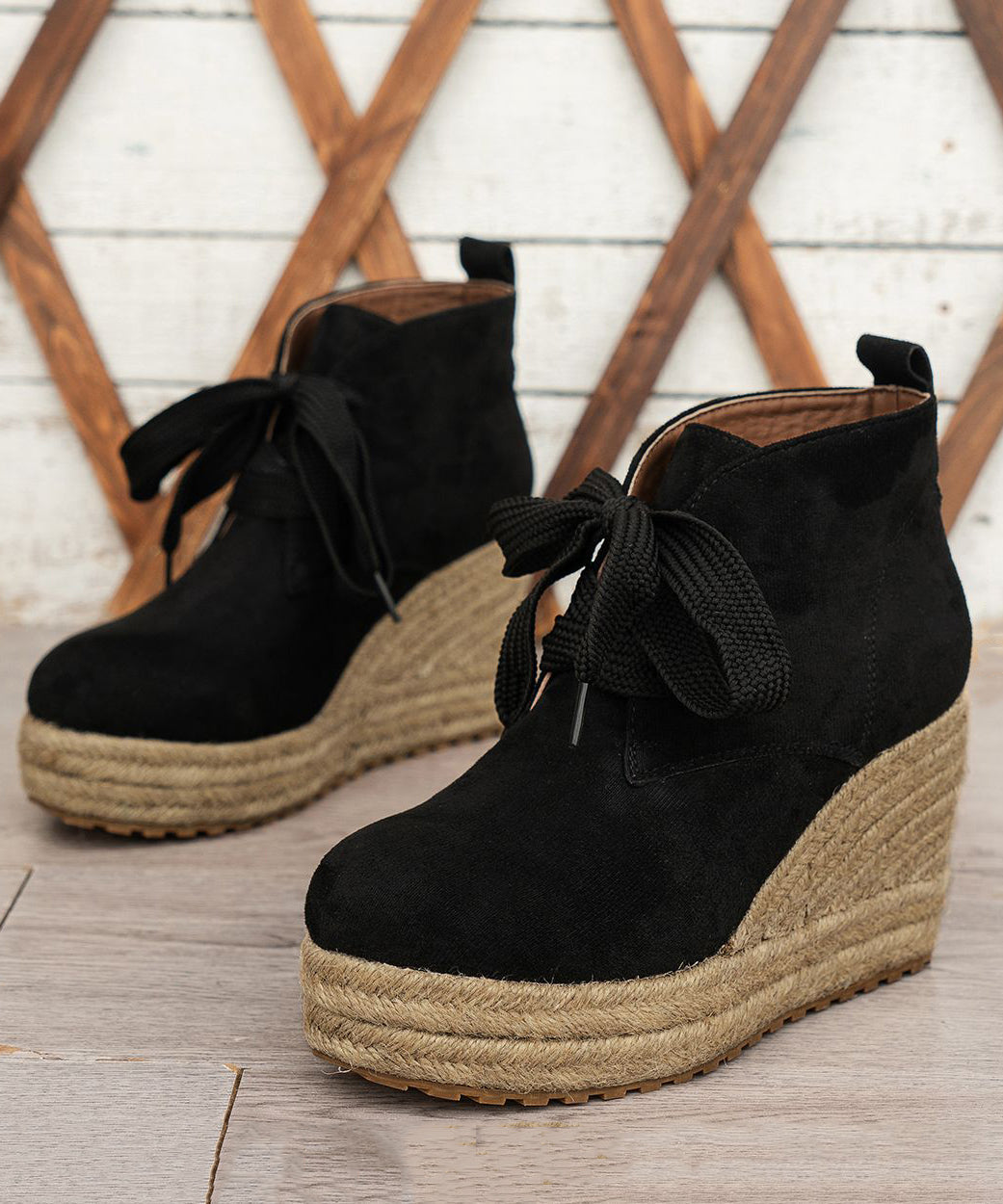 Brown Boots Lace Up Solid Suede Straw Woven Wedge Heels Boots