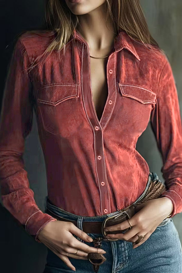 Suede Long-sleeved Button-down Casual Shirt