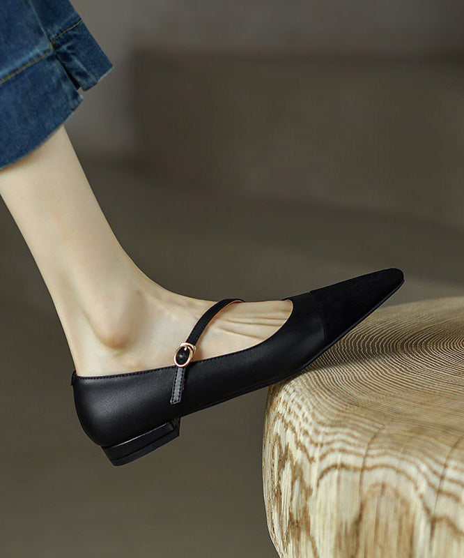 Brown Cowhide Leather Splicing French Flat Shoes Pointed Toe