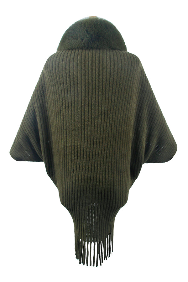 Fur Collar Tassel Hem Knitted Shawl Cape