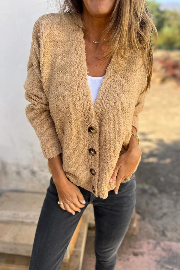 Solid Color V-neck Long-sleeved Knitted Cardigan