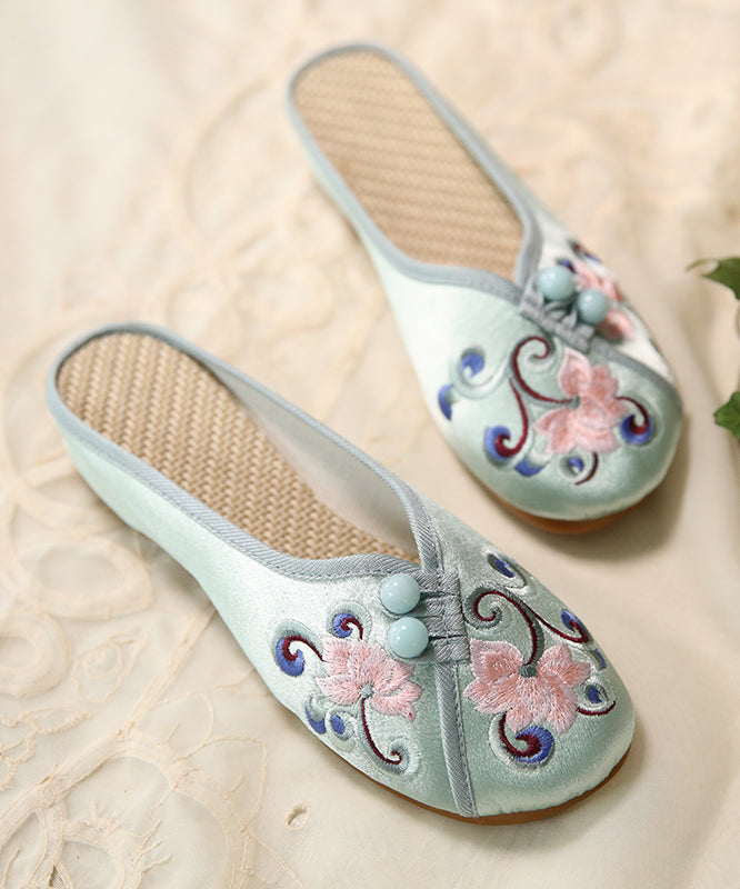 Green Embroideried Button Cotton Fabric Slide Sandals