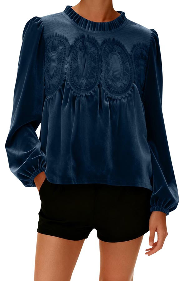 Velvet and Lace Patchwork Loose Long-sleeved Top