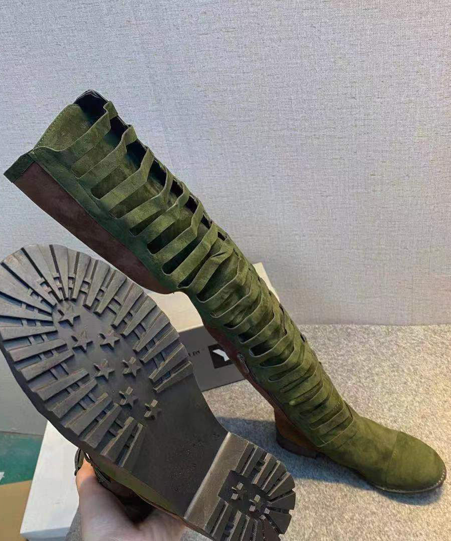 Splicing Zippered Chunky Knee Boots Green