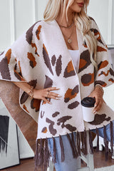 Leopard Print Contrast Tassel Hem Loose Knitted Shawl