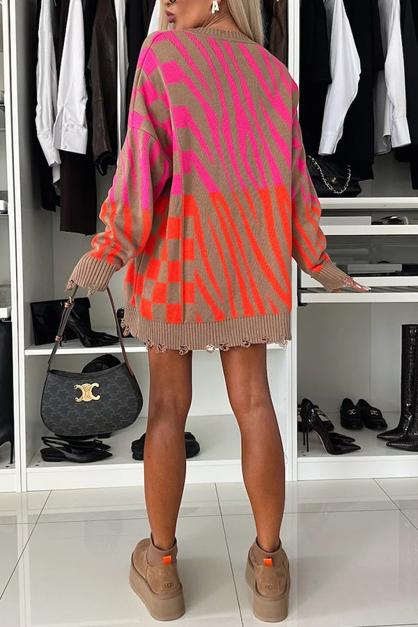 Knit Zebra Geometric Pattern Frayed Hem Loose Sweater