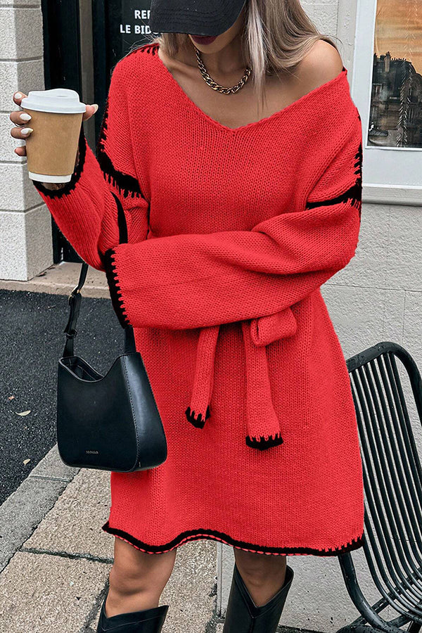 Loose-fitting Long-sleeved Tie-waist Knit Mini Dress