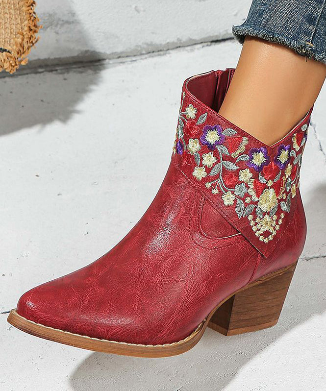 Red Embossed Zippered Faux Leather Chunky Boots