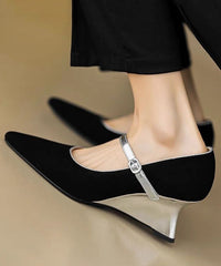 Black Wedge Heels Shoes Suede Fitted Splicing Buckle Strap