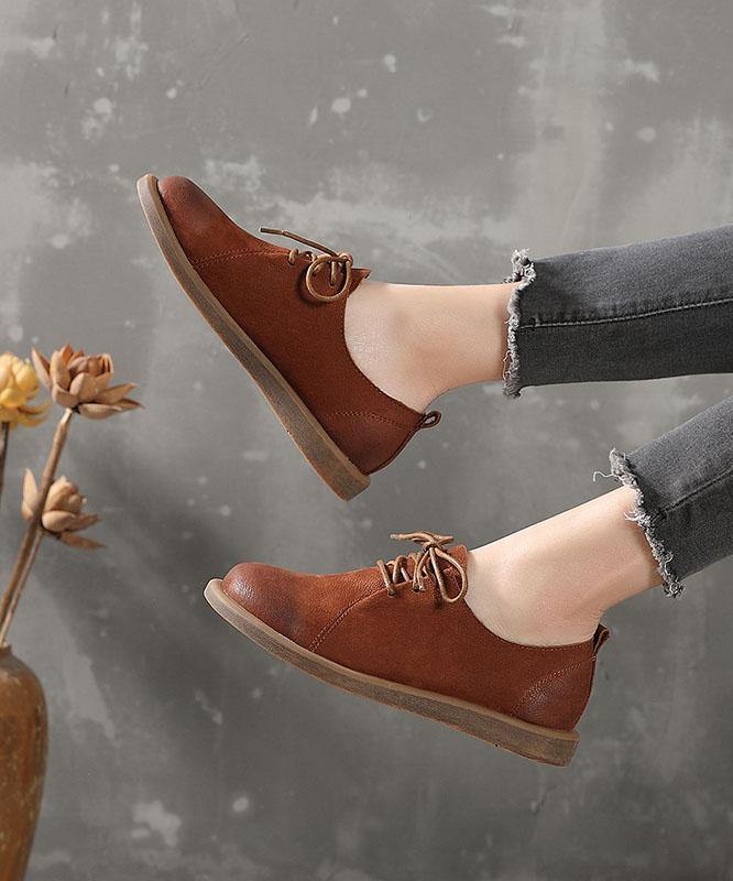 Casual Cross Strap Flat Shoes Brown Cowhide Leather