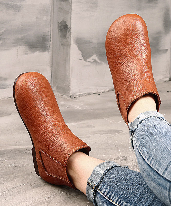 Coffee Boots Cowhide Leather Boho Warm Fleece Flat Boots