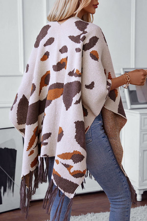 Leopard Print Contrast Tassel Hem Loose Knitted Shawl