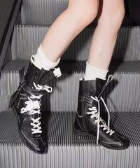 Splicing Boots Black Faux Leather Lace Up