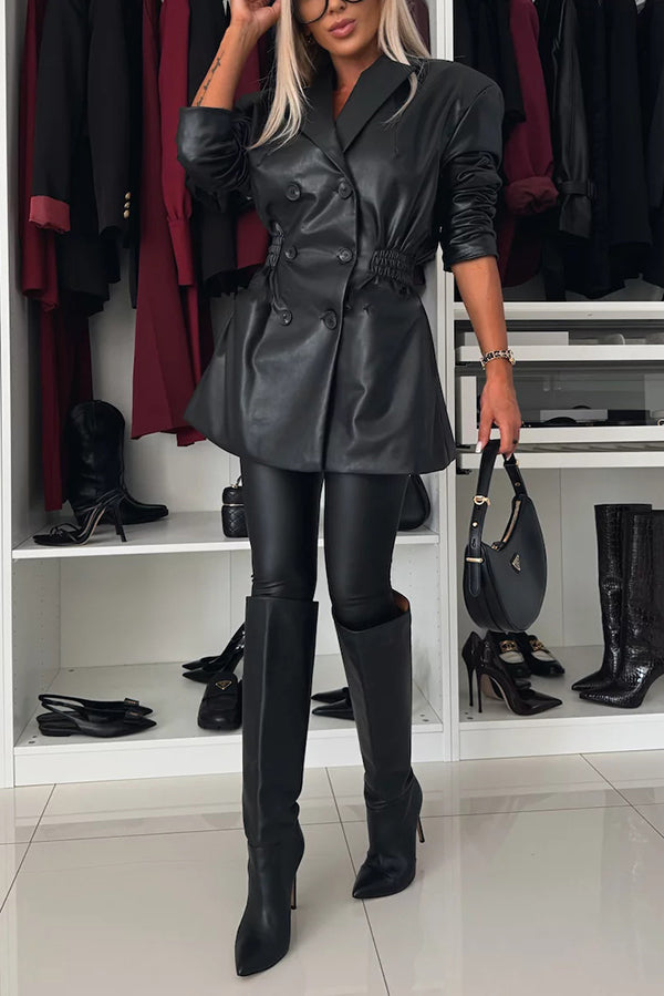 Items Faux Leather Button Up Elastic Waistband Lapel Blazer