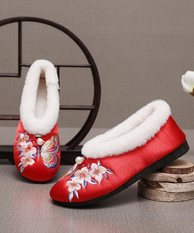 Red Fuzzy Wool Lined Embroidery Flats Shoes