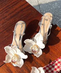 Silver Flower Open Toed Buckle High Heeled Sandals