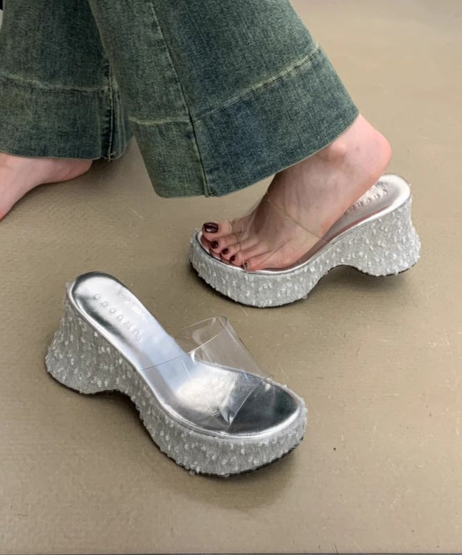 Pink Wedge Fine Sequins Splicing Stylish Slide Sandals