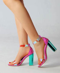 Fine Buckle Strap Splicing Chunky High Heels Sandals For Colorblock Faux Leather