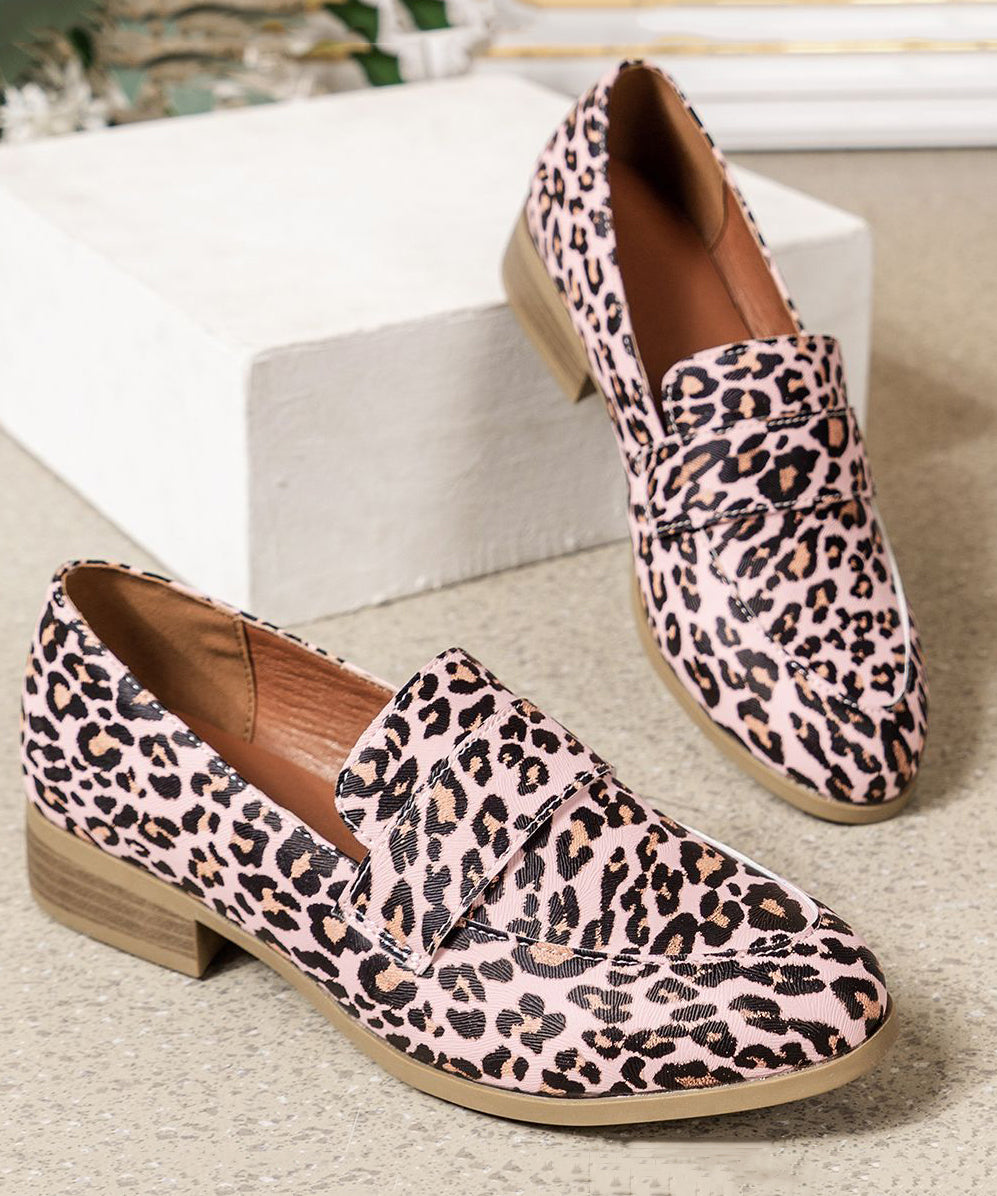 Unique Pink Leopard Original Design Flat Shoes Faux Leather