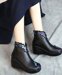 Splicing Wedge Boots Blue Floral Cowhide Leather