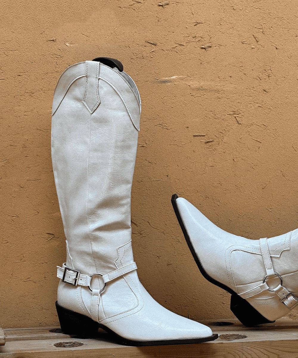 Splicing Chunky Boots Brown Faux Leather Pointed Toe