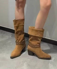 Coffee Suede Splicing Chunky Boots Pointed Toe
