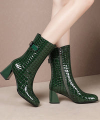 Splicing Chunky Boots Green Cowhide Leather Fuzzy Wool Lined