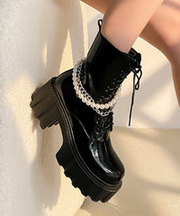 Black Boots Platform Cowhide Leather Splicing Cross Strap