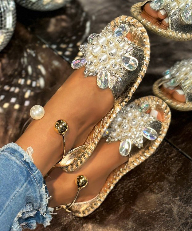 Silver Faux Leather Hiking Sandals Stylish Splicing Nail Bead Zircon