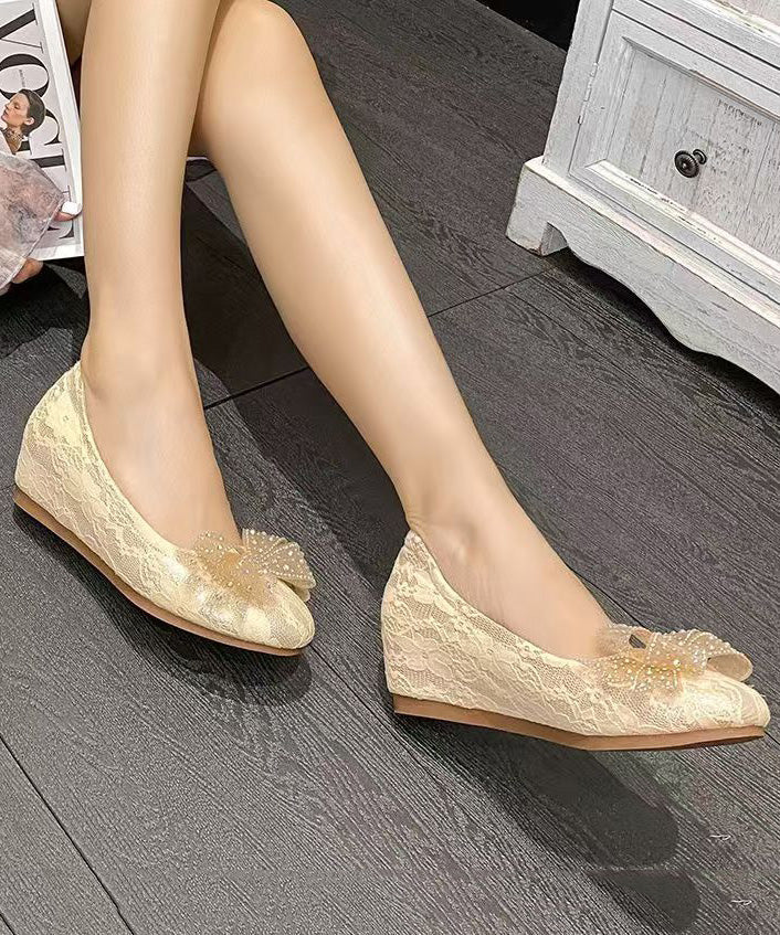 Apricot Embroidered Bow Lace Inner Height Shoes