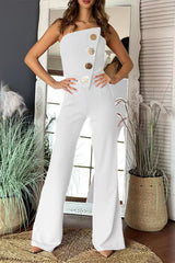 Solid Color Tube Top Gold Button Embellished Bootcut Jumpsuit