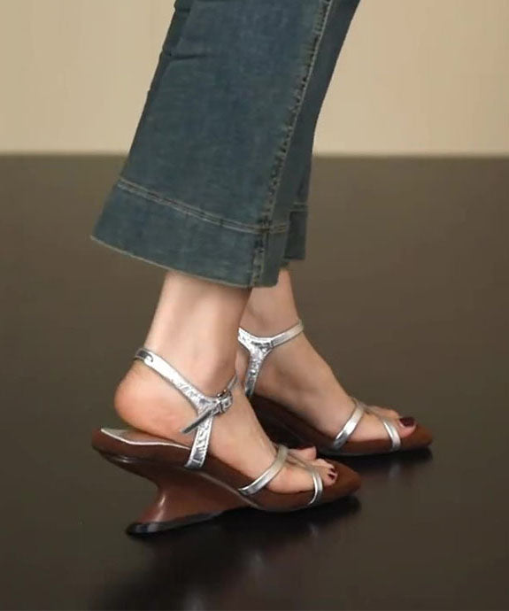 Stylish Beige Splicing Cowhide Leather Wedge Sandals Peep Toe