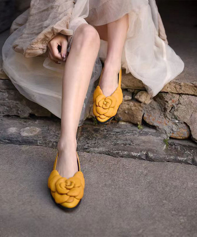 Yellow Floral Cowhide Leather Splicing Flat Feet Shoes