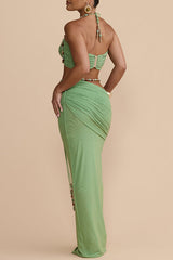 Emara Stretch Mesh Hand Beaded Trim Gathered Sweetheart Crop Halter Vacation Tank