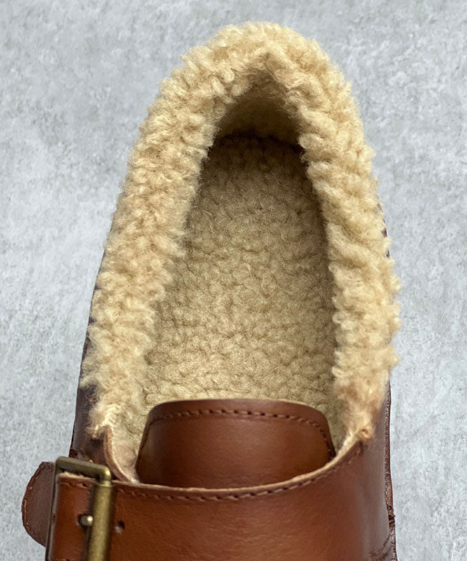 Coffee Flat Shoes For Cowhide Leather Casual Fuzzy Wool Lined Flat Shoes For Women