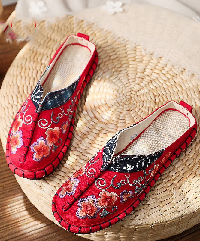 Vintage Red Slide Sandals Embroideried Cotton Fabric Splicing Slides