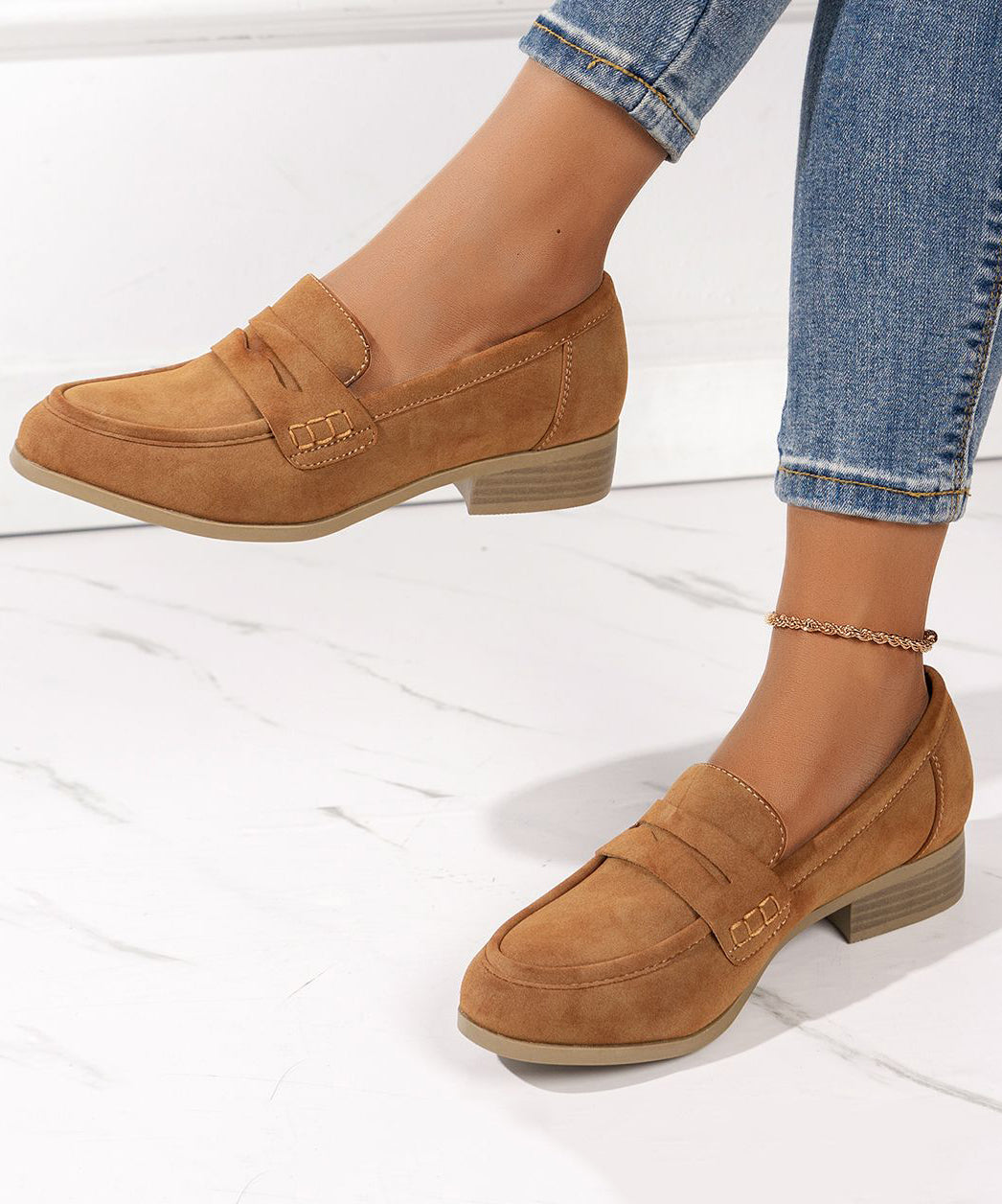 Simple Brown Round Head Solid Suede Low Heel Flats Shoes