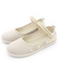 Beige Embroideried Cotton Fabric Flat Shoes Buckle Strap Flat Shoes