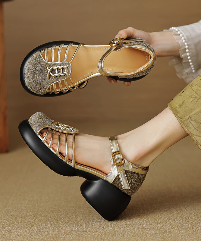 Stylish Apricot Hollow Out Splicing Chunky Heel Sandals