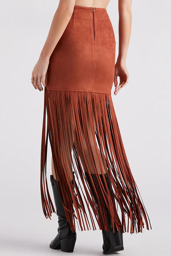 Tassel Hem Slim-fit Suede Casual Midi Skirt