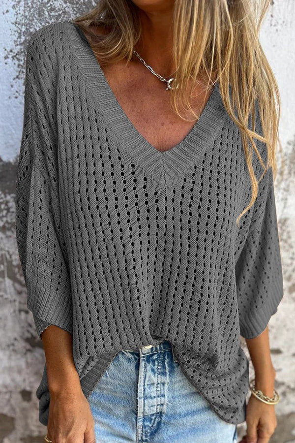 Hollow V-neck Long-sleeved Casual Loose Knitted Top