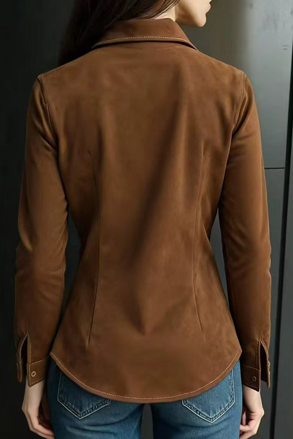 Suede Long-sleeved Button-down Casual Shirt