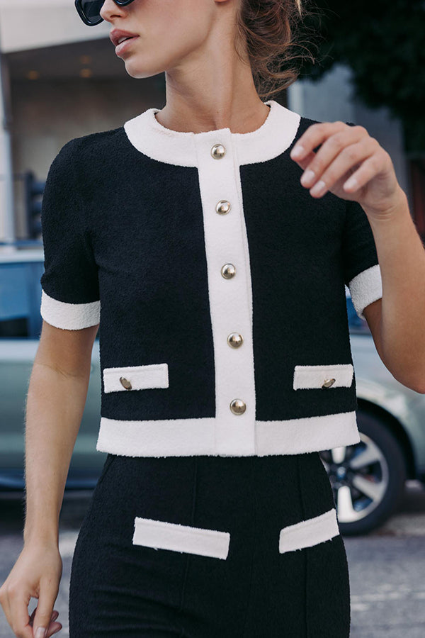 Contrast Color Short-sleeved Button-down Top